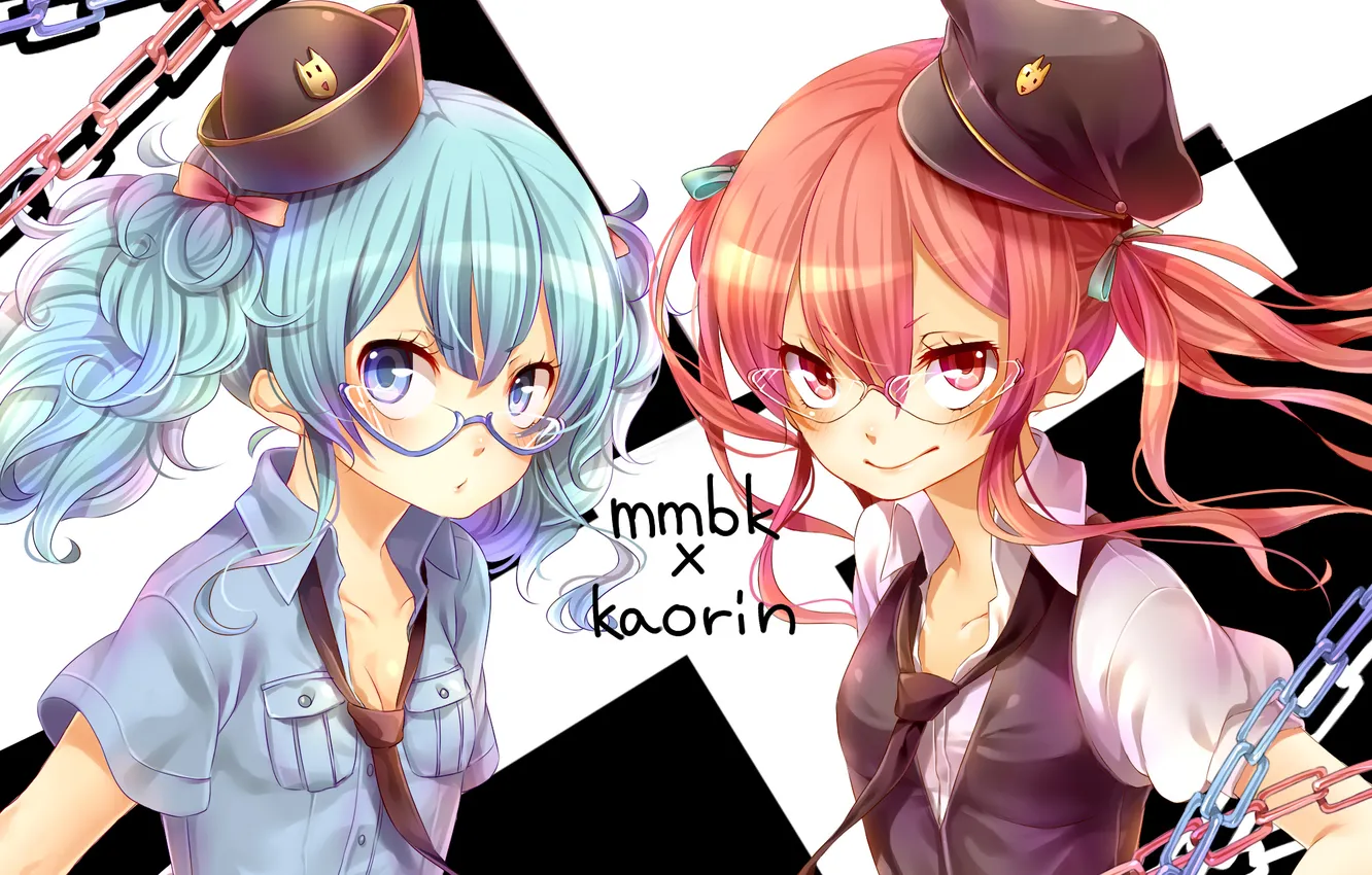 Photo wallpaper girl, anime, art, glasses, chain, tie, cap, rojiko