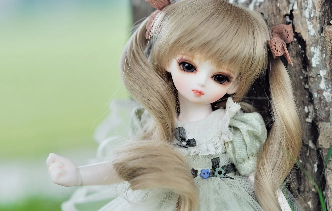 Photo wallpaper trees, toy, doll, hands, blonde, ponytail