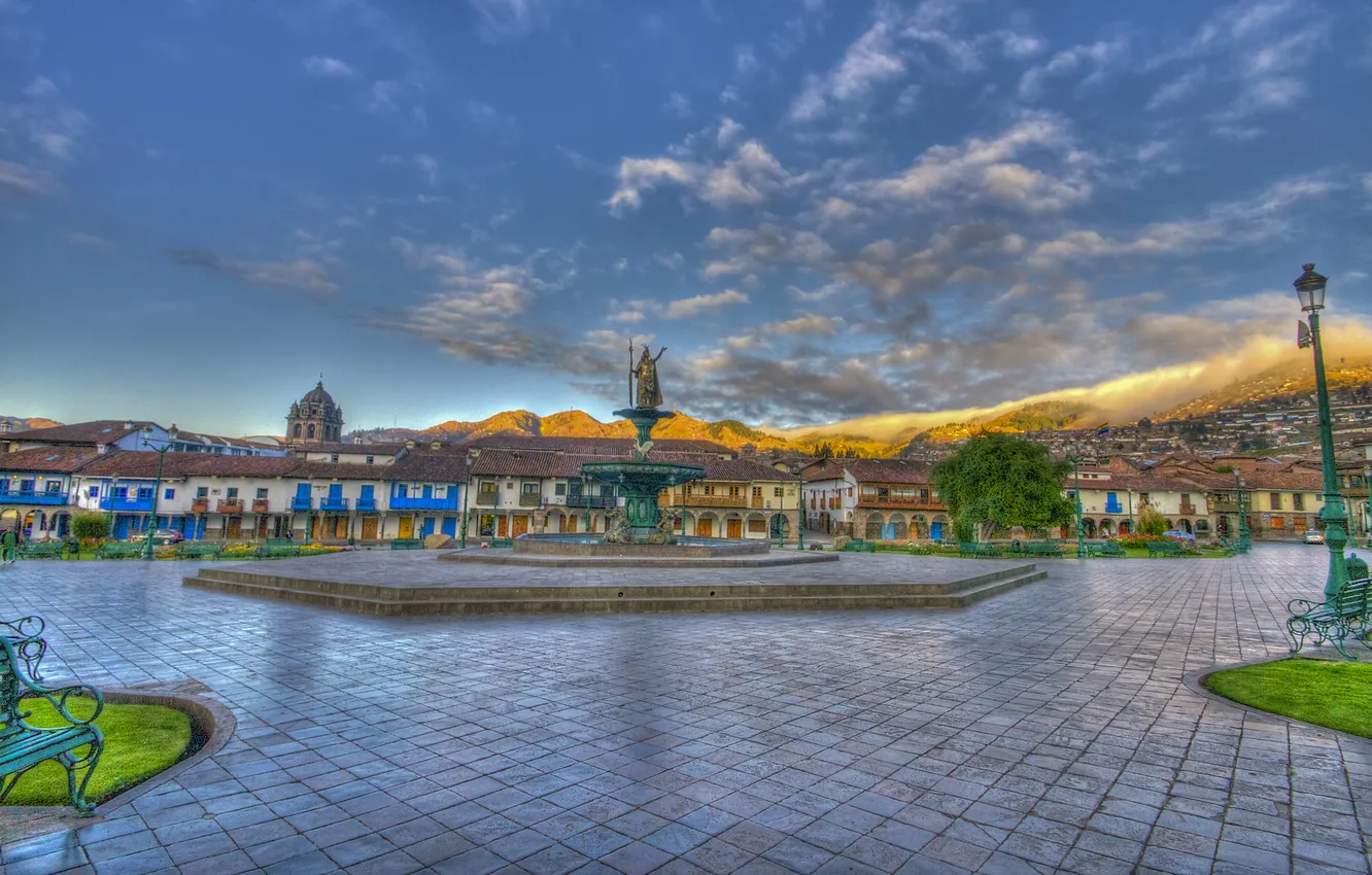 Photo wallpaper the sky, clouds, mountains, area, fountain, Peru, Cusco