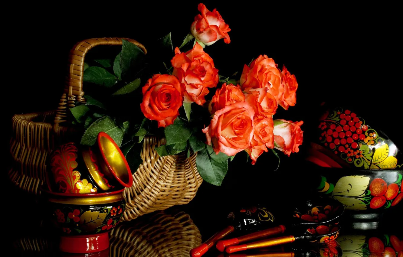 Photo wallpaper roses, spoon, still life, basket, painting