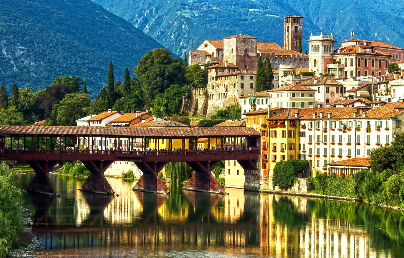 Photo wallpaper mountains, bridge, reflection, river, building, Alps, Italy, promenade