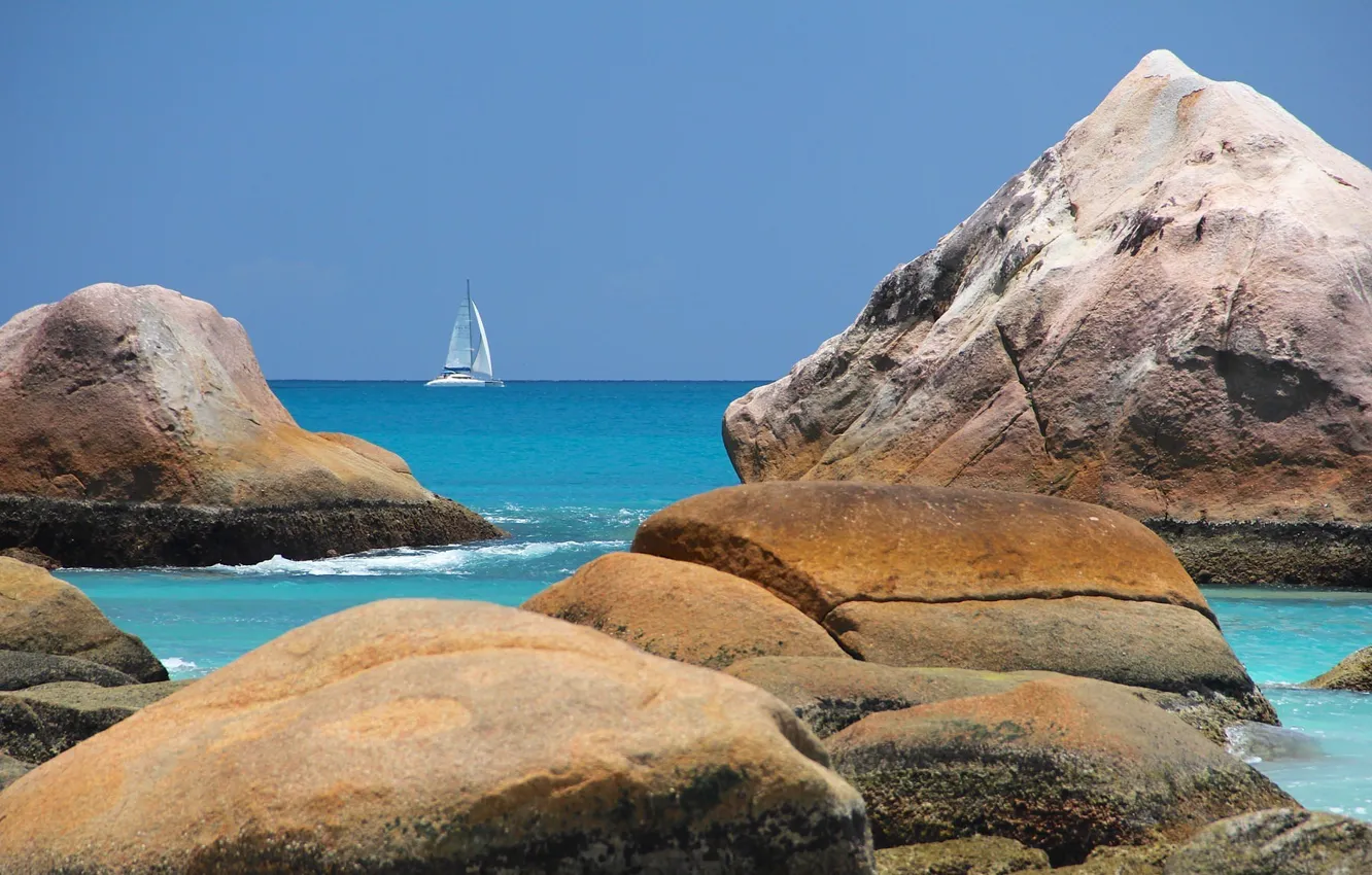 Photo wallpaper stones, the ocean, shore, yacht, sail