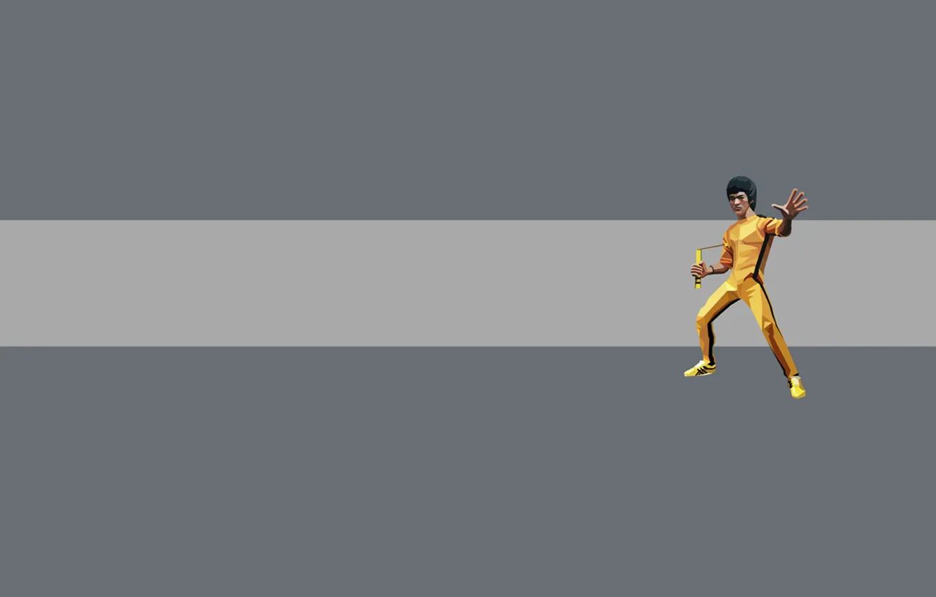 Photo wallpaper yellow, strip, people, minimalism, grey background, Bruce Lee, Bruce Lee, nunchuck