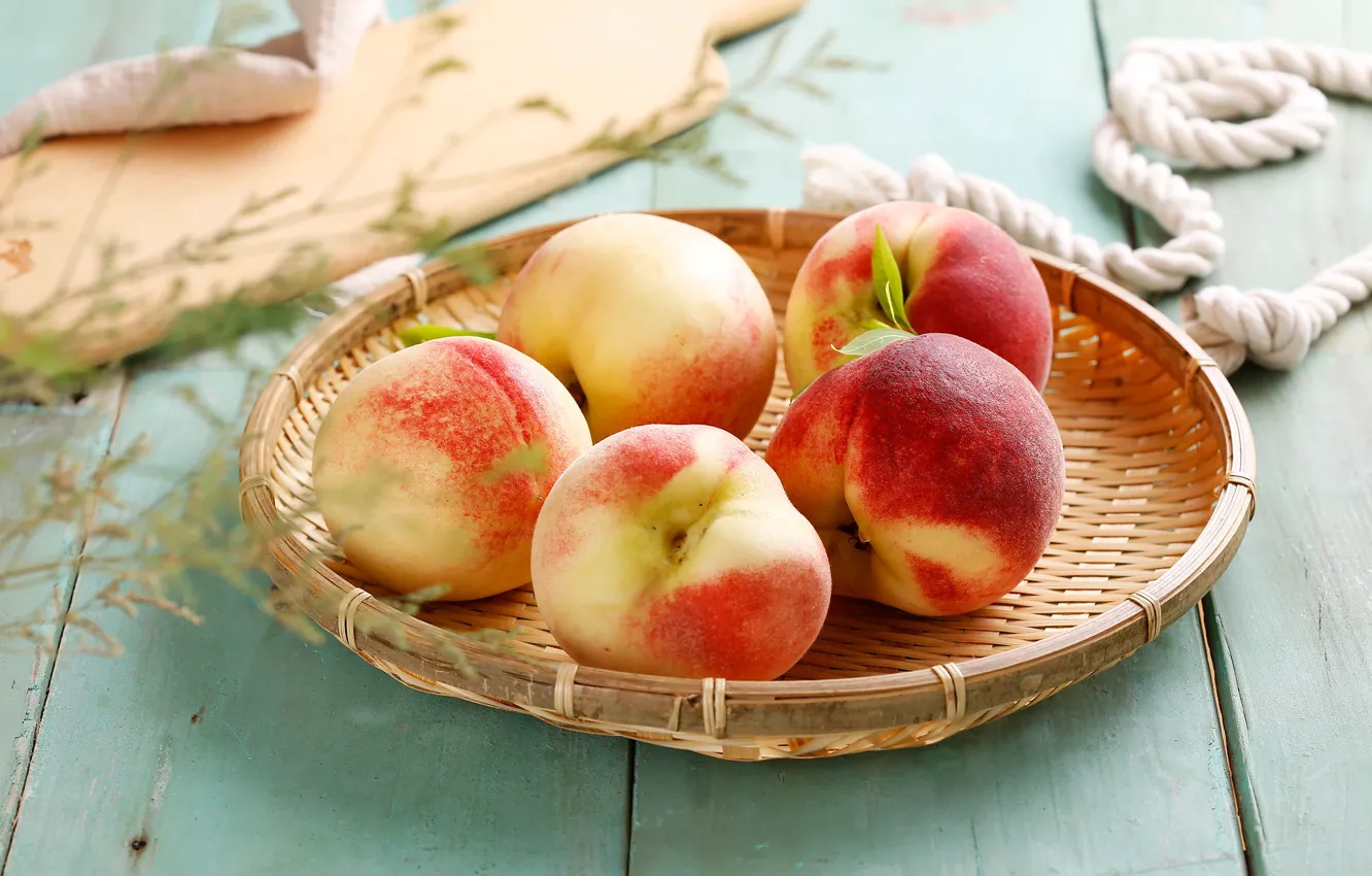 Photo wallpaper fruit, basket, peach, leaves