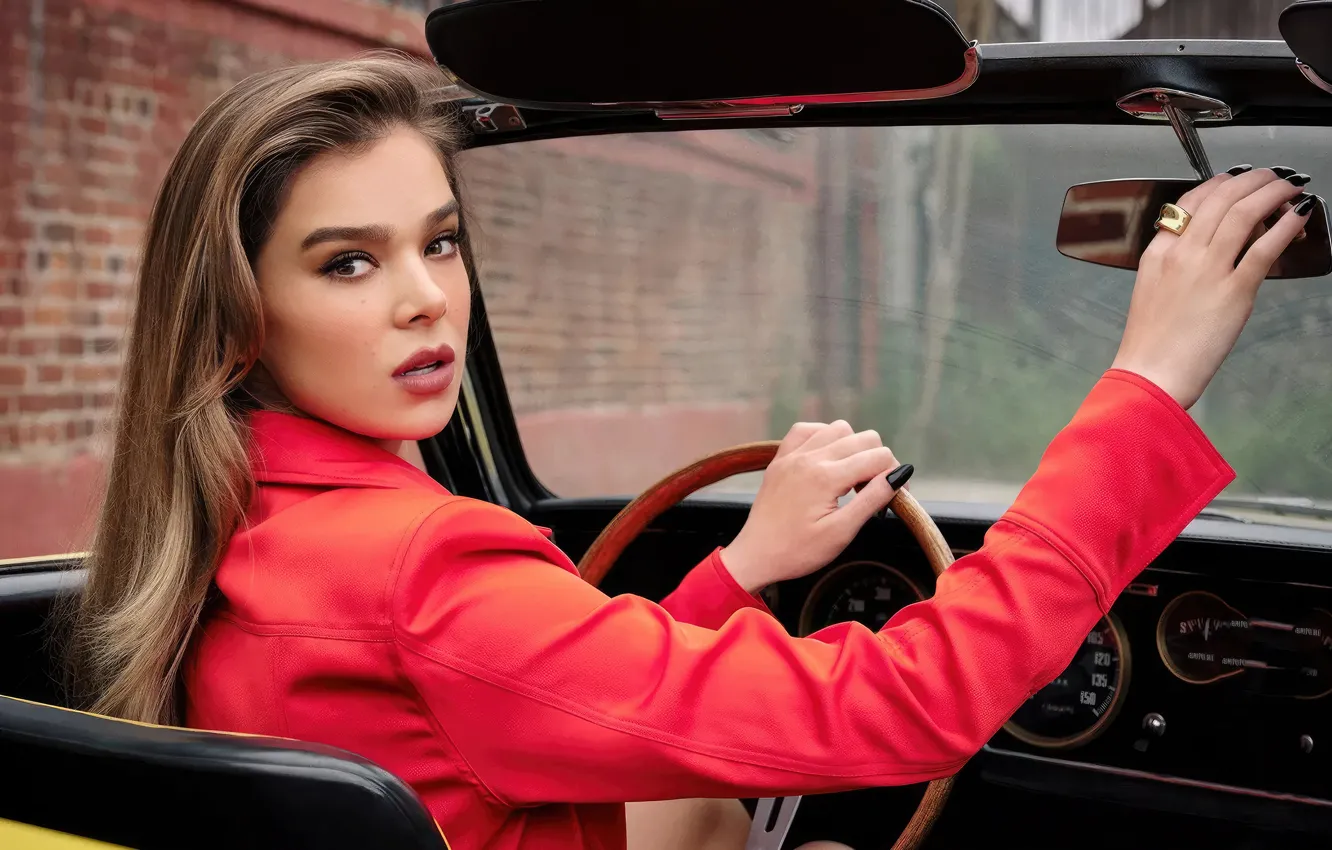 Photo wallpaper auto, look, girl, red, photo, makeup, lips, brown hair