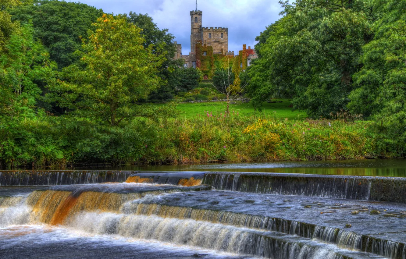 Photo wallpaper forest, trees, Park, river, castle, England, stream, tower