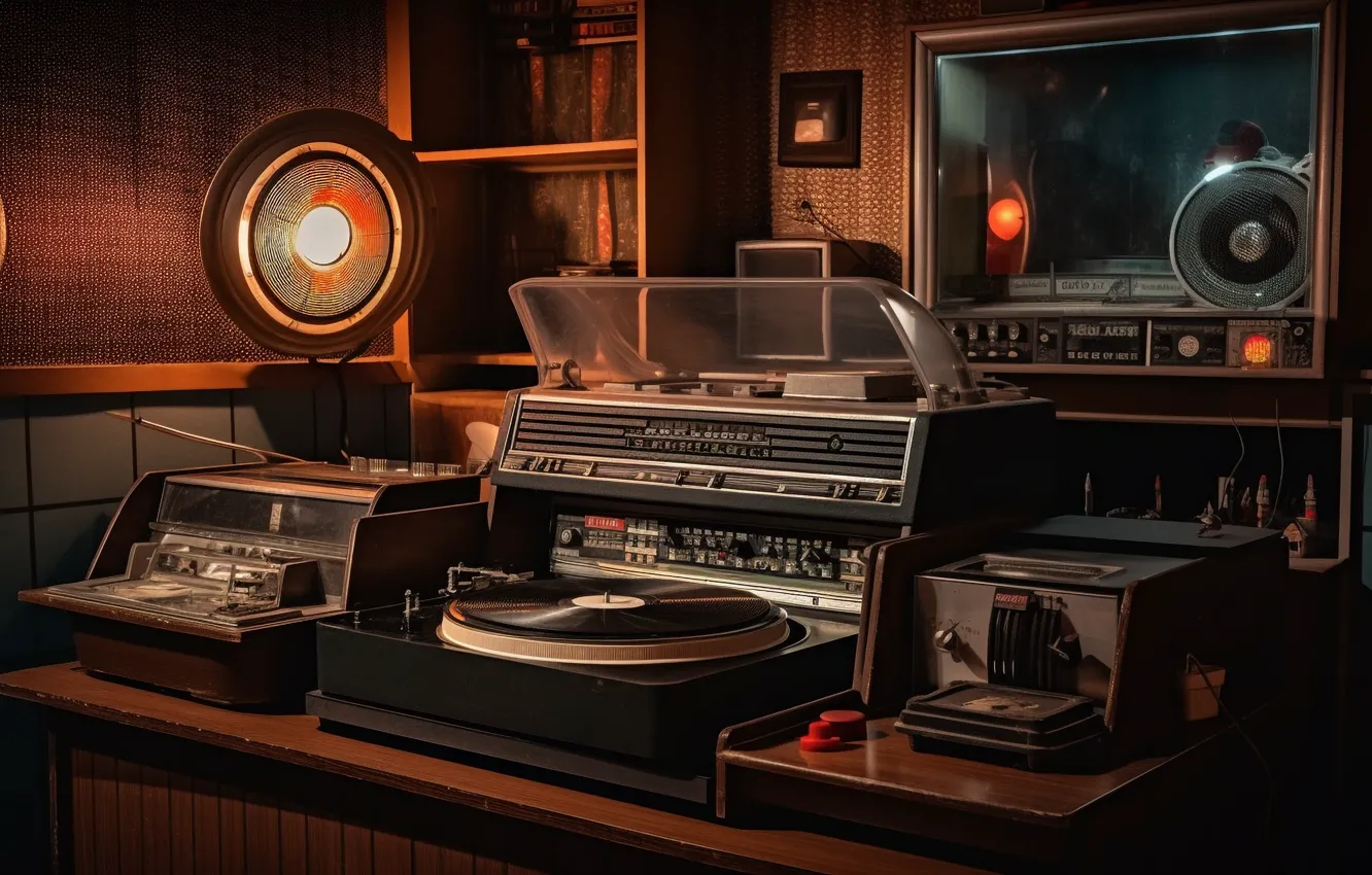 Photo wallpaper retro, music, room, speakers, player, vinyl, record, amplifier