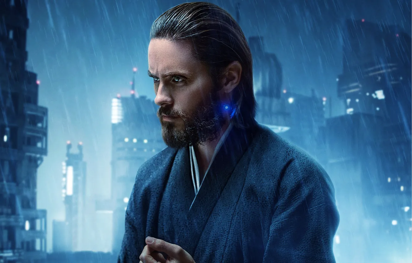 Photo wallpaper the city, lights, fiction, rain, male, Jared Leto, Blade runner, Blade Runner 2049