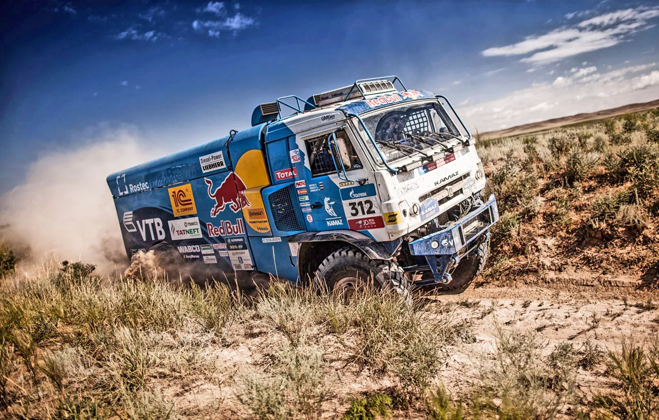 Photo wallpaper Nature, Grass, Dust, Sport, Speed, Stones, Truck, Race