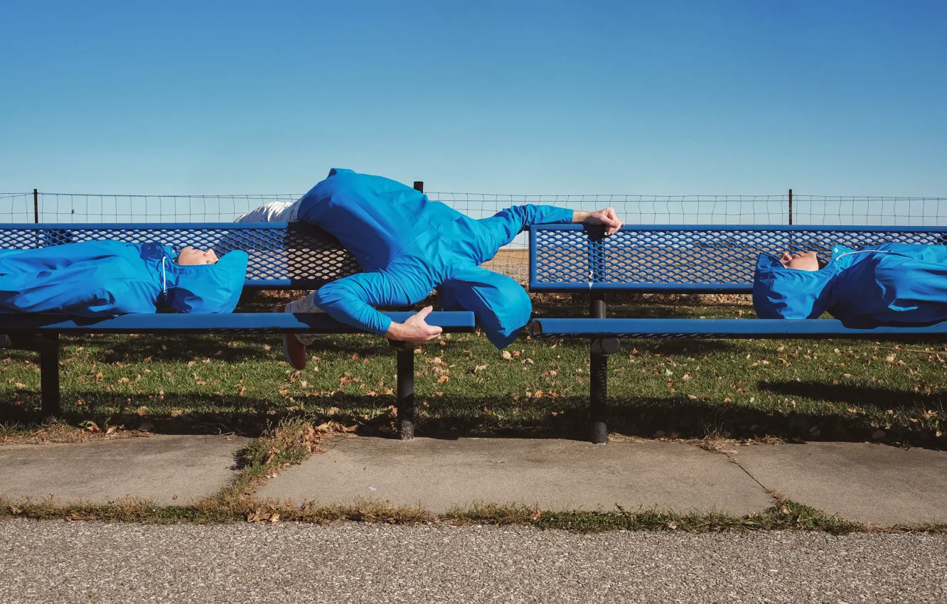 Photo wallpaper people, benches, lie, the men in blue