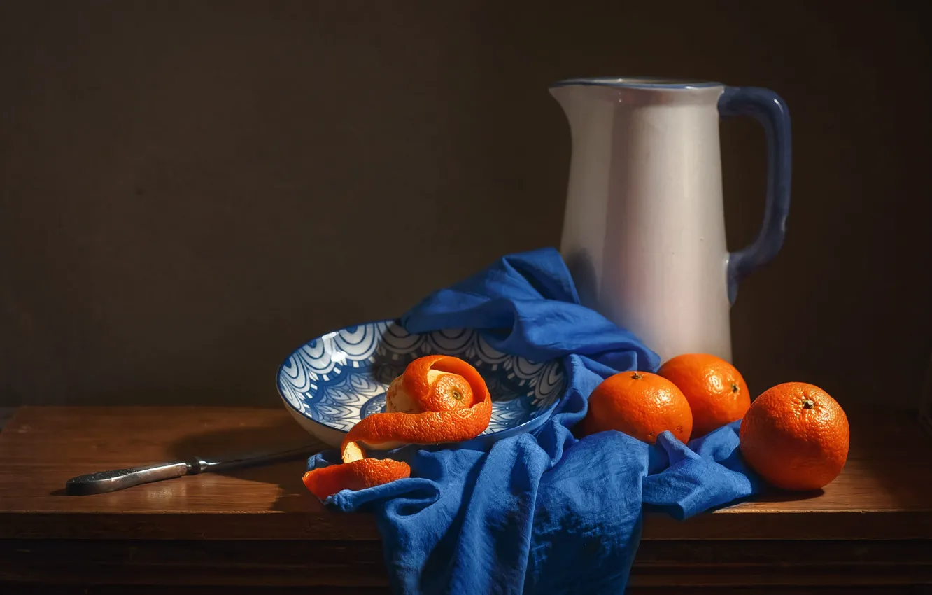 Photo wallpaper table, oranges, knife, fabric, pitcher, still life, blue, saucer
