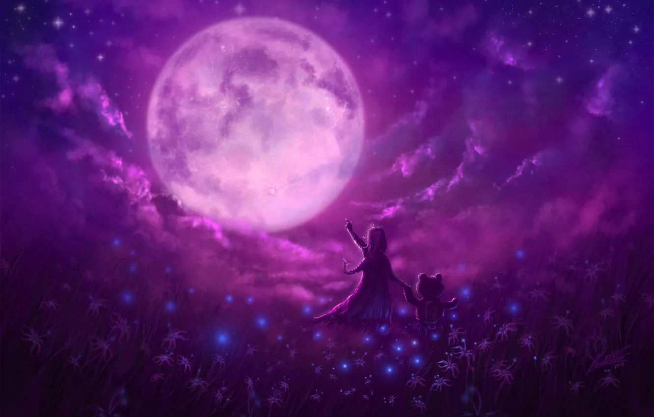 Photo wallpaper stars, flowers, night, each, magic, the moon, glade, small