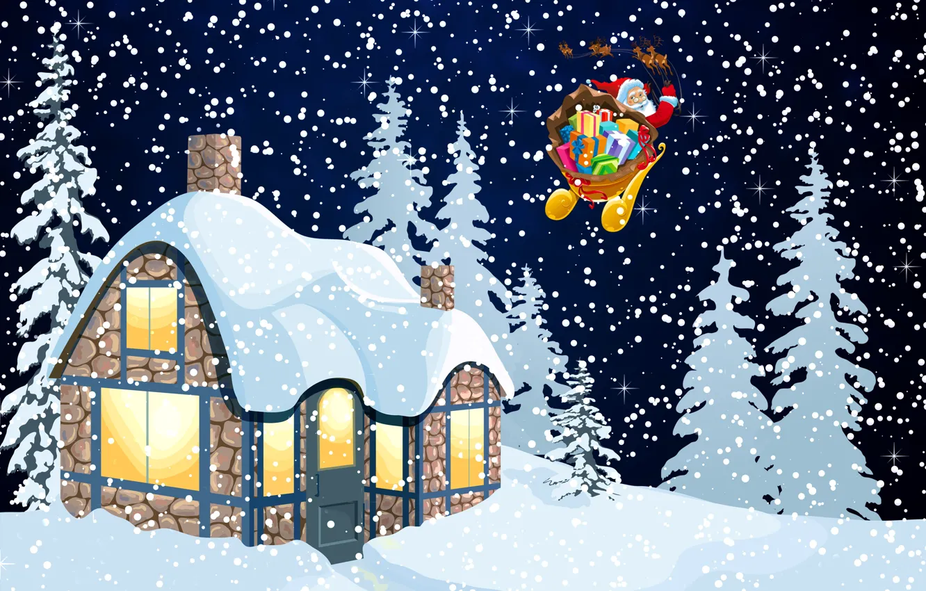 Photo wallpaper Winter, Minimalism, Night, Snow, House, Background, New year, Santa