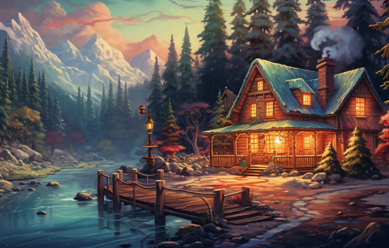 Photo wallpaper winter, snow, holiday, graphics, tree, new year, home, Christmas