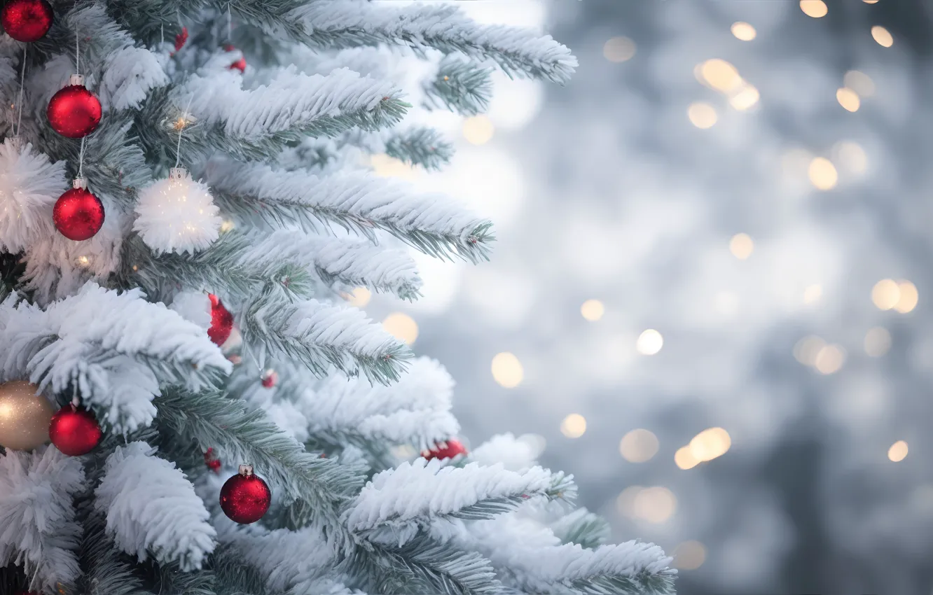 Photo wallpaper winter, frost, balls, snow, branches, red, nature, lights