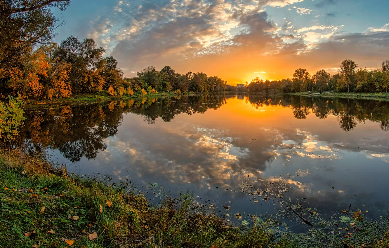 Photo wallpaper autumn, forest, trees, landscape, sunset, lake, reflection