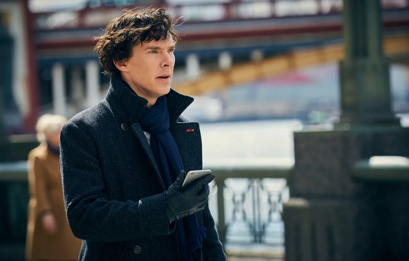 Photo wallpaper phone, Sherlock Holmes, coat, smartphone, Benedict Cumberbatch, Benedict Cumberbatch, still from the film, Sherlock BBC