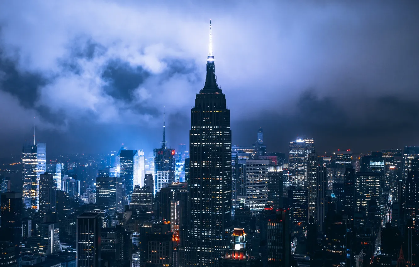 Photo wallpaper clouds, night, the city, lights, USA, New York