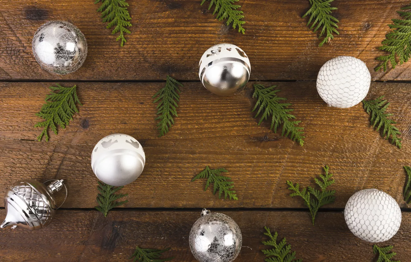 Photo wallpaper decoration, balls, new year, Christmas, Christmas, balls, wood, New Year