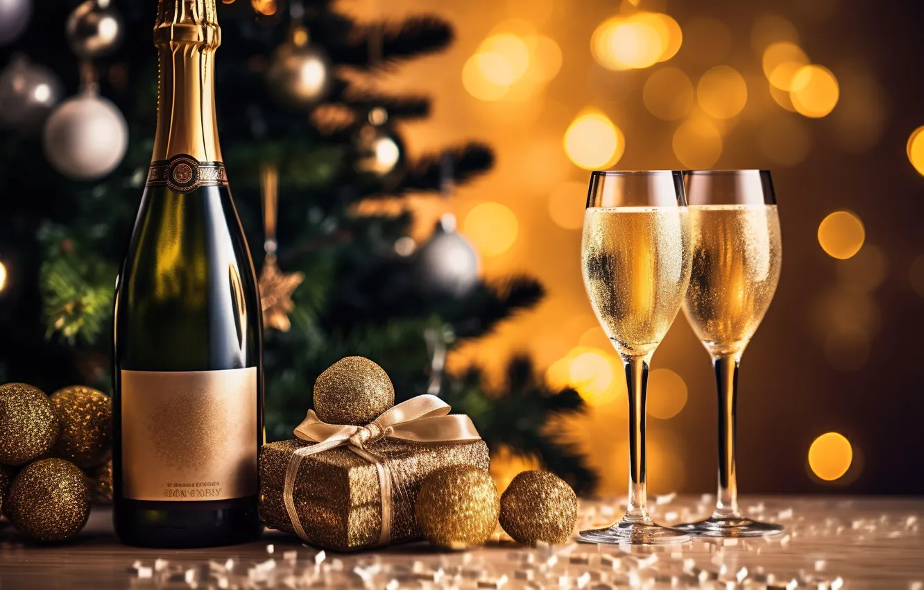 Photo wallpaper decoration, gold, balls, glass, tree, new year, golden, champagne