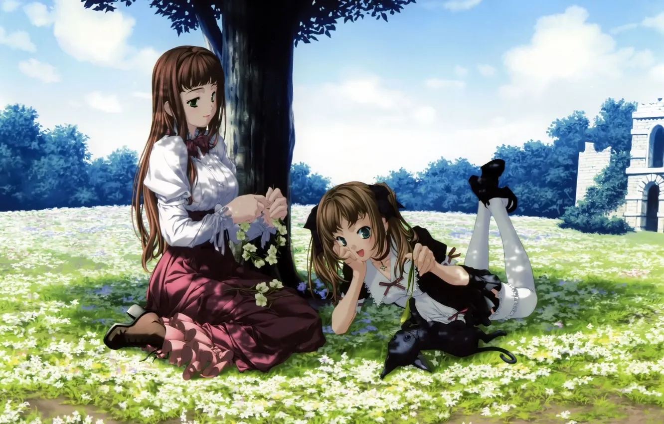 Photo wallpaper nature, castle, stay, anime, girl, neko, wreath