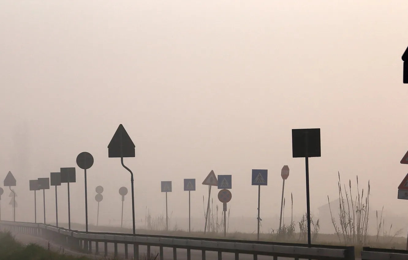 Photo wallpaper road, fog, signs