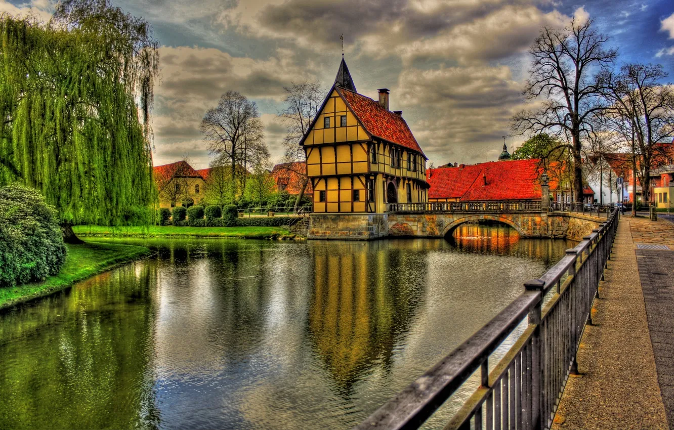 Photo wallpaper bridge, green, beauty, colors, colorful, Germany, house, grass