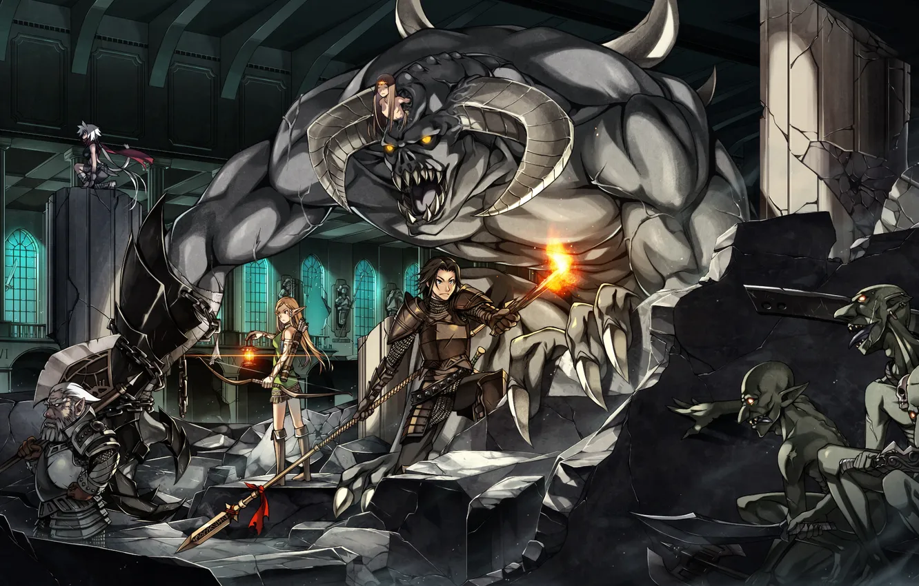 Photo wallpaper lights, elf, monster, warrior, columns, ruins, Goblin