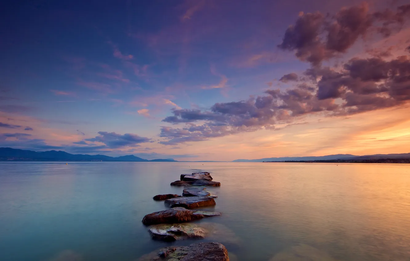 Photo wallpaper the sky, water, clouds, sunset, stones