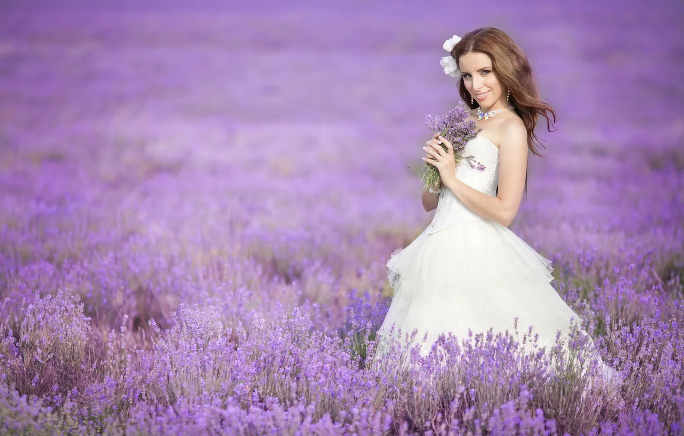 Photo wallpaper look, girl, nature, smile, bouquet, the bride, lavender field