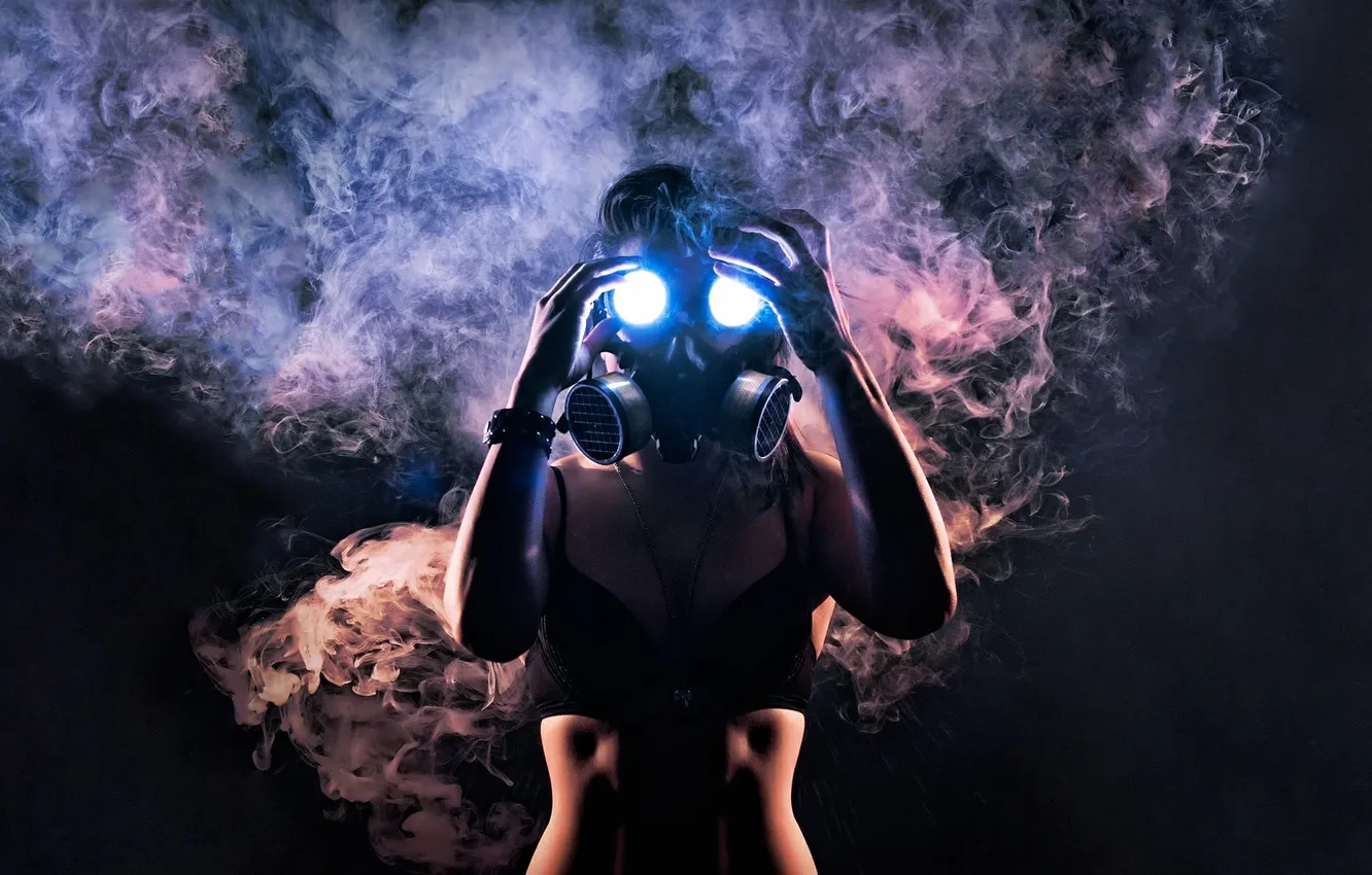 Photo wallpaper girl, smoke, gas mask