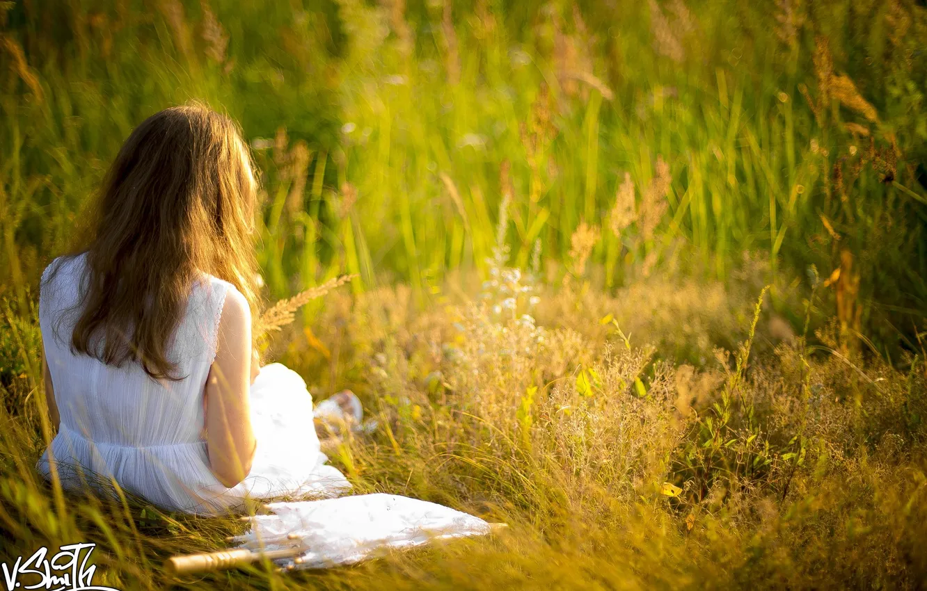 Photo wallpaper field, umbrella, dress, girl, Vladimir Smith, Vladimir Smith
