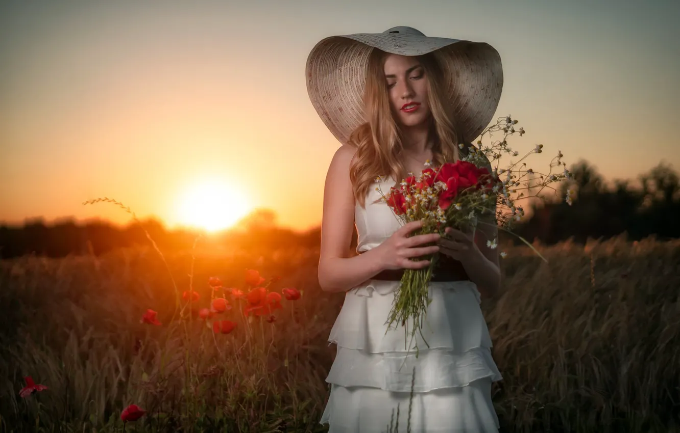 Photo wallpaper girl, sunset, flowers, nature