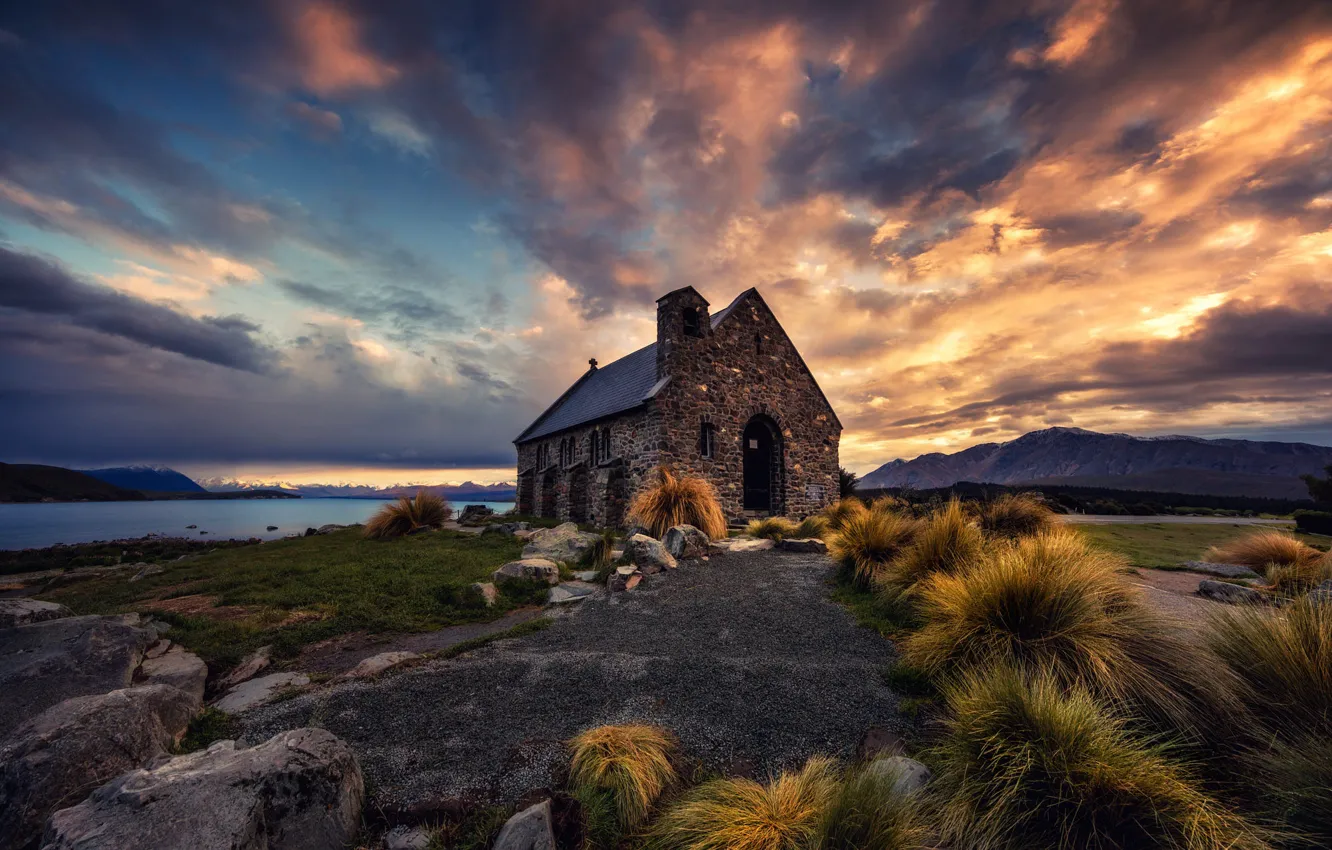 Photo wallpaper clouds, shore, bumps, pond, house, the sky, grass