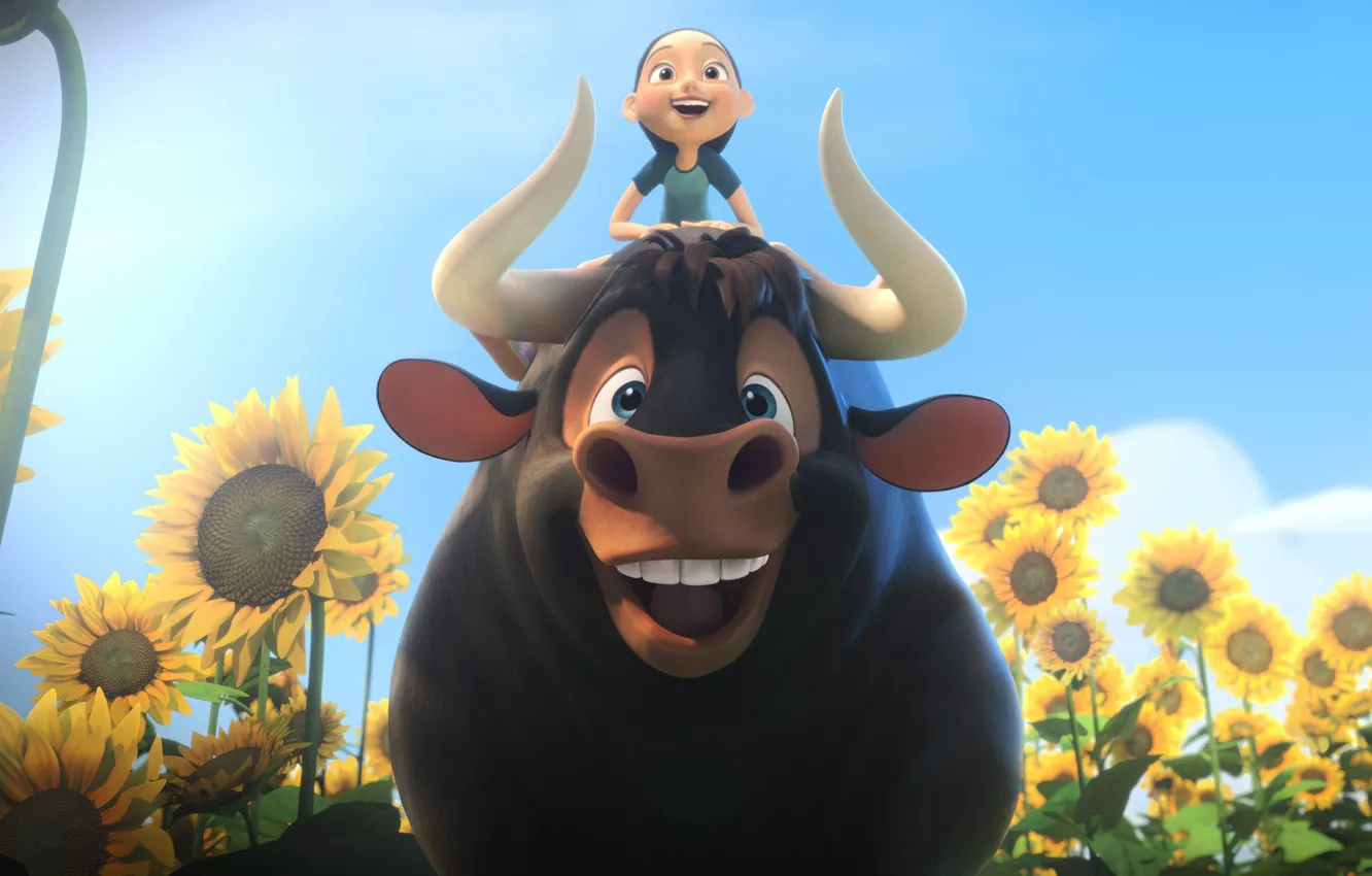 Photo wallpaper girl, flower, bull, friends, animated film, Ferdinand, hana, animated movie