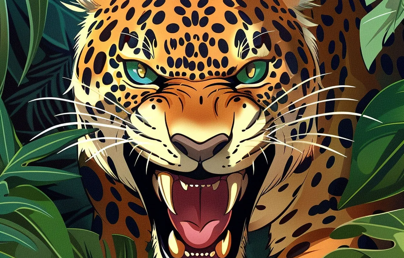 Photo wallpaper Language, Leaves, Jaguar, Evil, Mouth, Fangs, Face, Predator