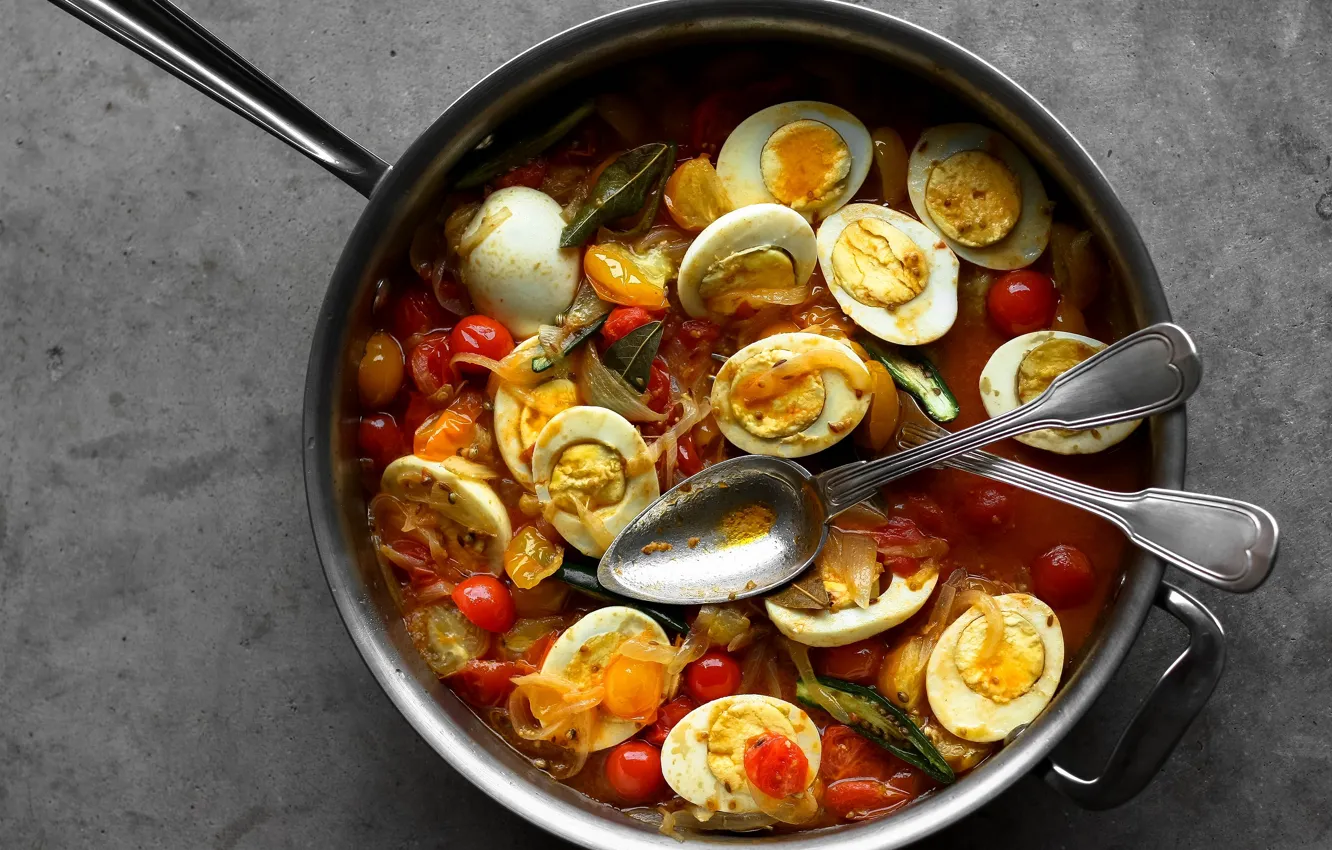 Photo wallpaper background, eggs, dish, stew, scoop, dish