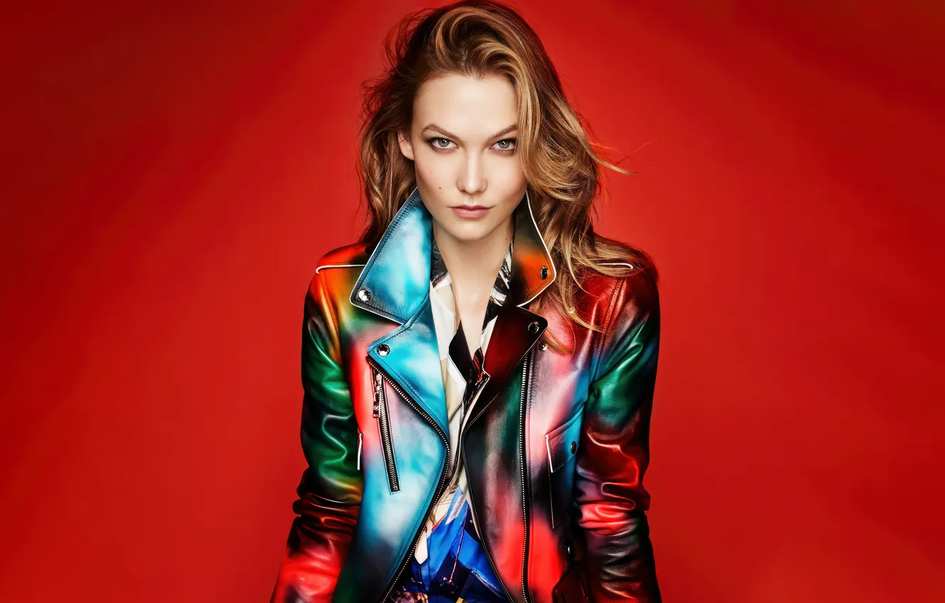 Photo wallpaper shirt, jacket, makeup, Karlie Kloss, red background, American model