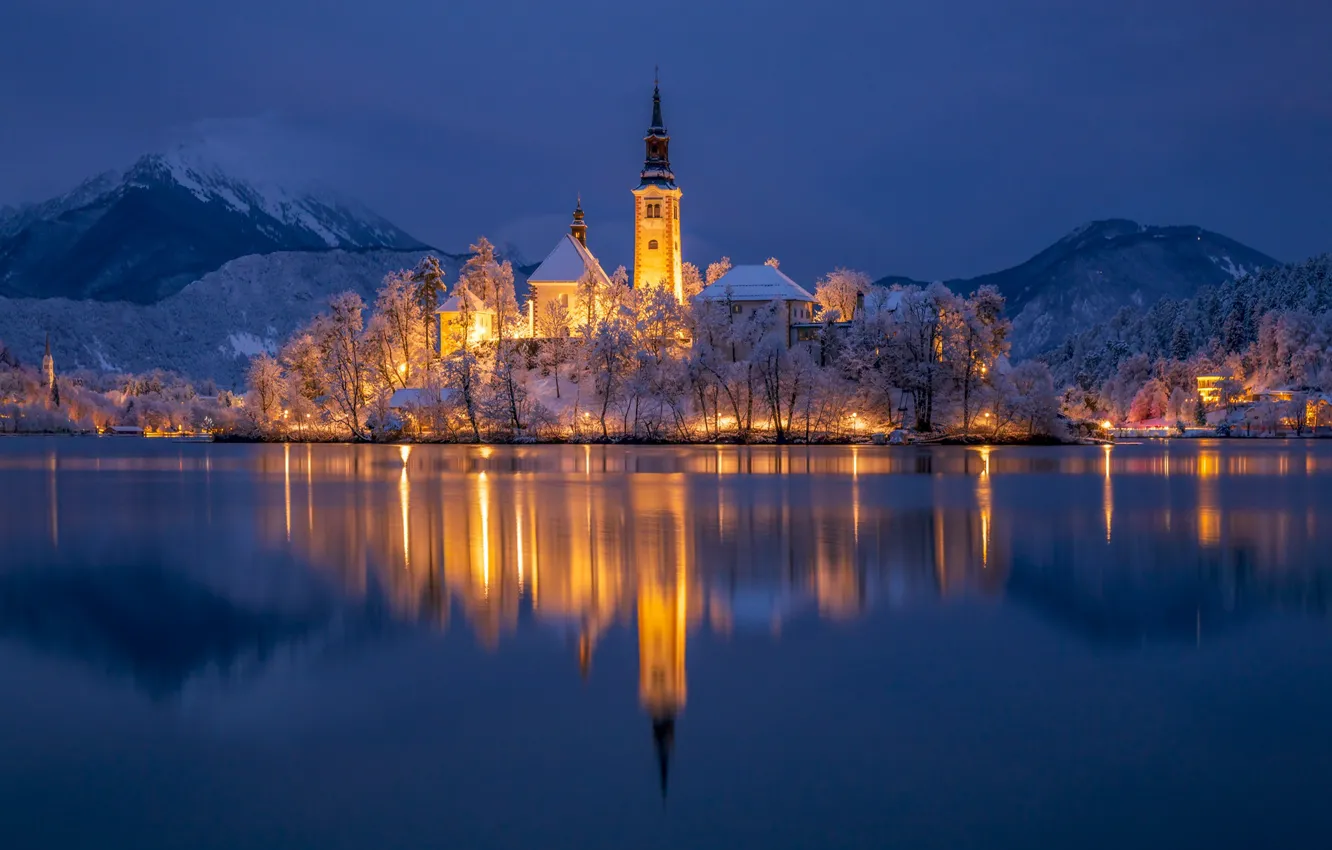 Photo wallpaper winter, mountains, lake, reflection, island, Slovenia, Lake Bled, Slovenia