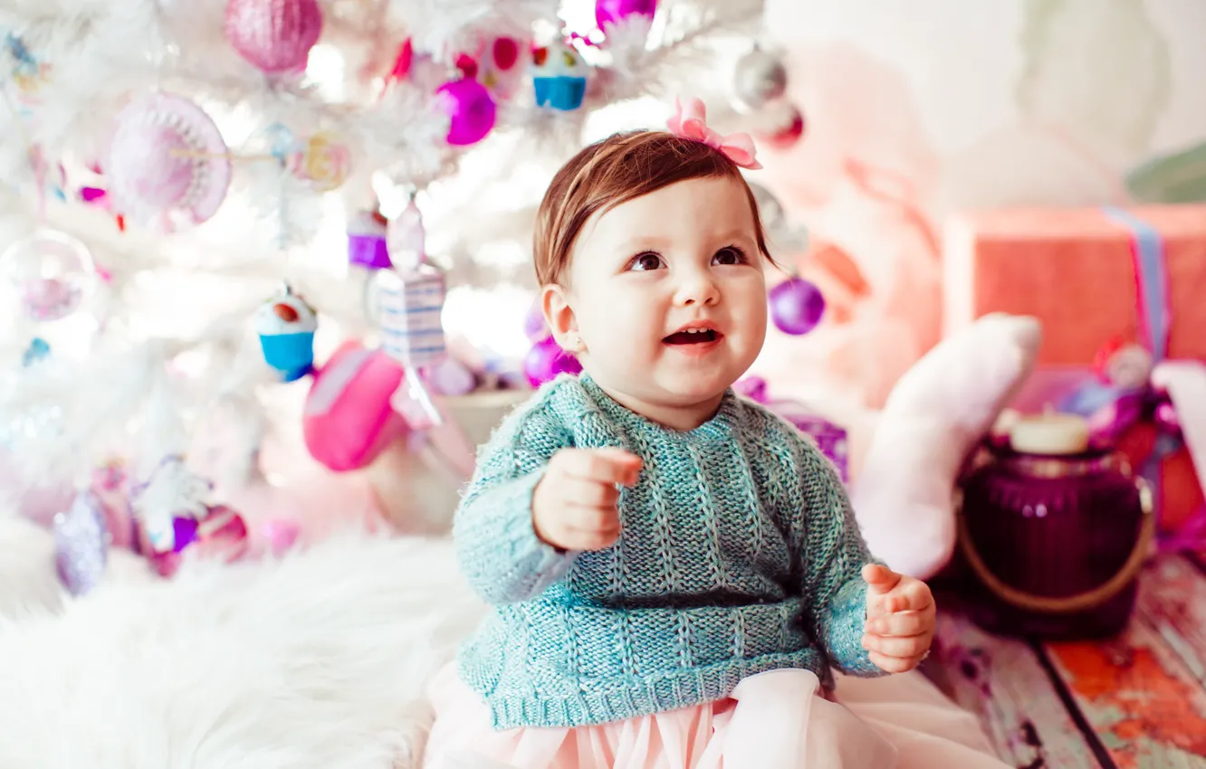 Photo wallpaper child, Christmas, girl, New year, baby, Christmas decorations, Christmas tree