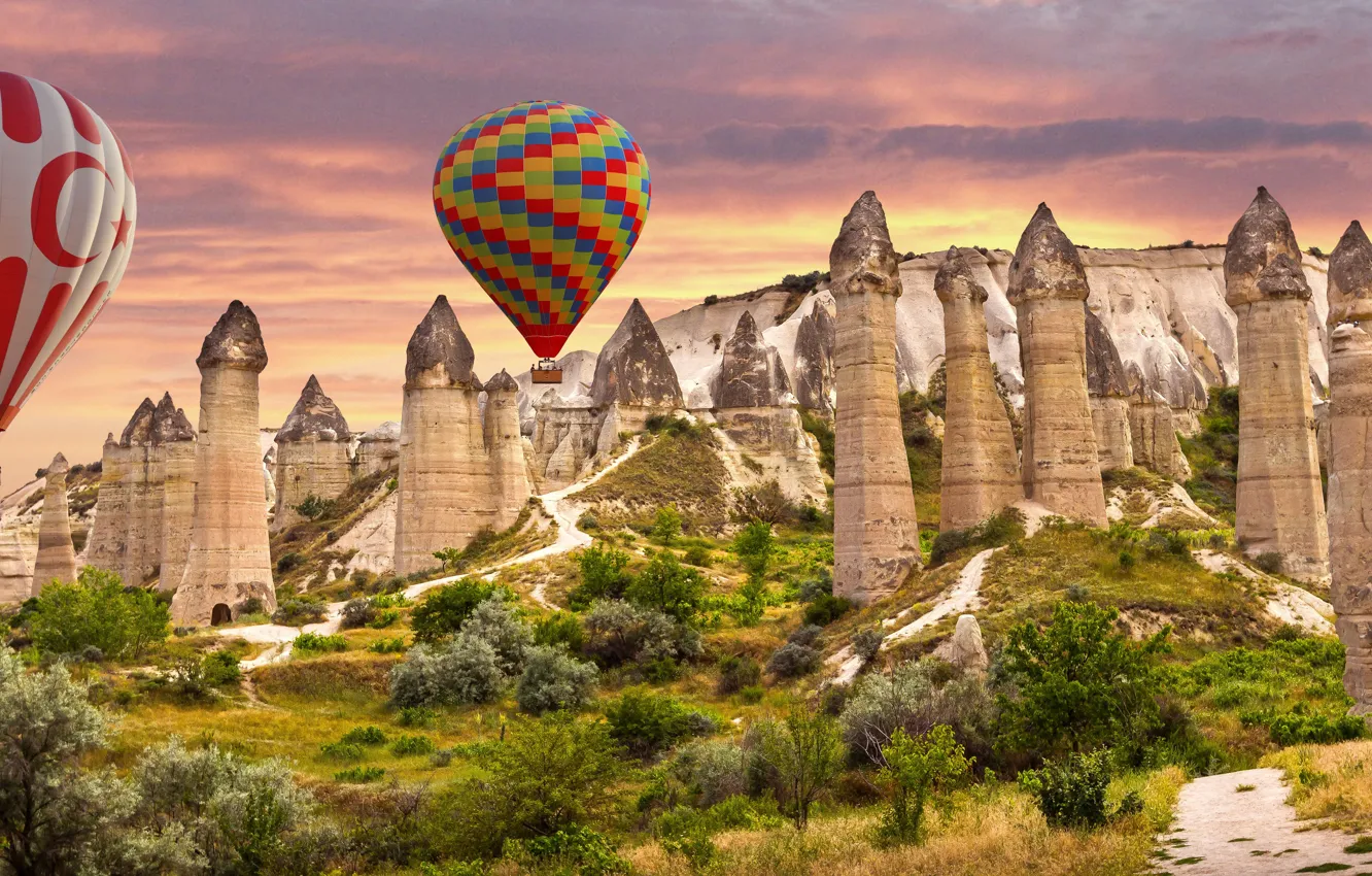Photo wallpaper landscape, sunset, nature, balloons, rocks, vegetation, Turkey, national Park