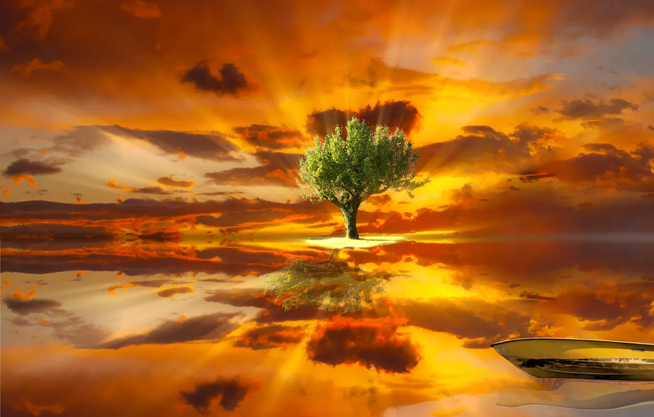 Photo wallpaper the sky, water, clouds, trees, landscape, reflection, boat