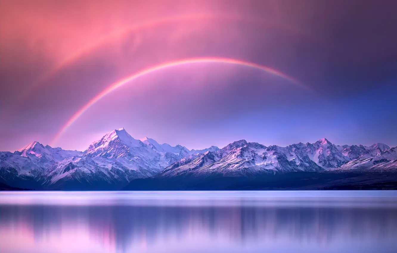 Photo wallpaper rainbow, sky, landscape, New Zealand, nature, water, winter, mountains