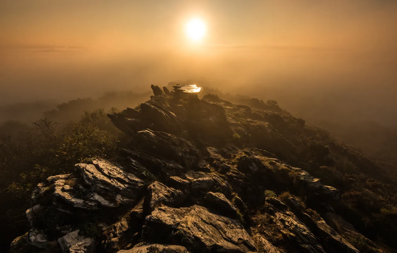 Photo wallpaper the sun, mountains, fog, stones, rocks, dawn