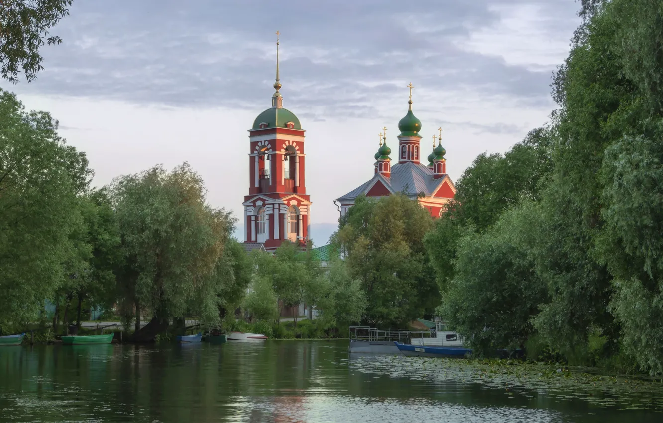 Photo wallpaper trees, shore, Church, temple, pond