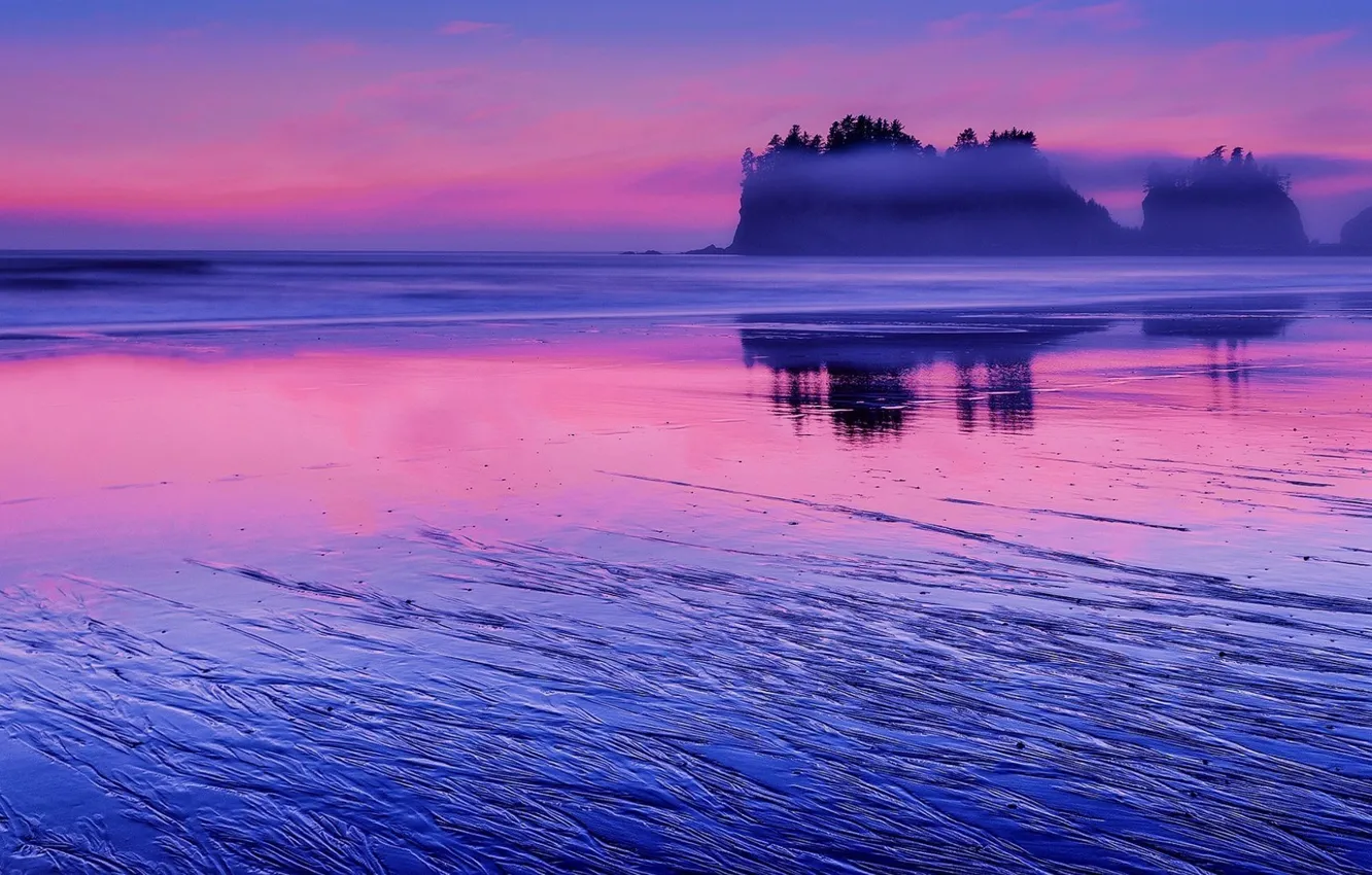 Photo wallpaper rock, United States, beach, Pacific Ocean, sunset, pink, water, Washington