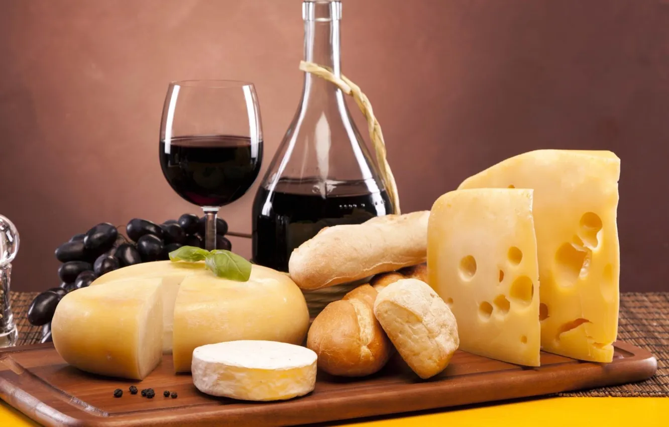 Photo wallpaper wine, Board, glass, bottle, cheese, bread, grapes