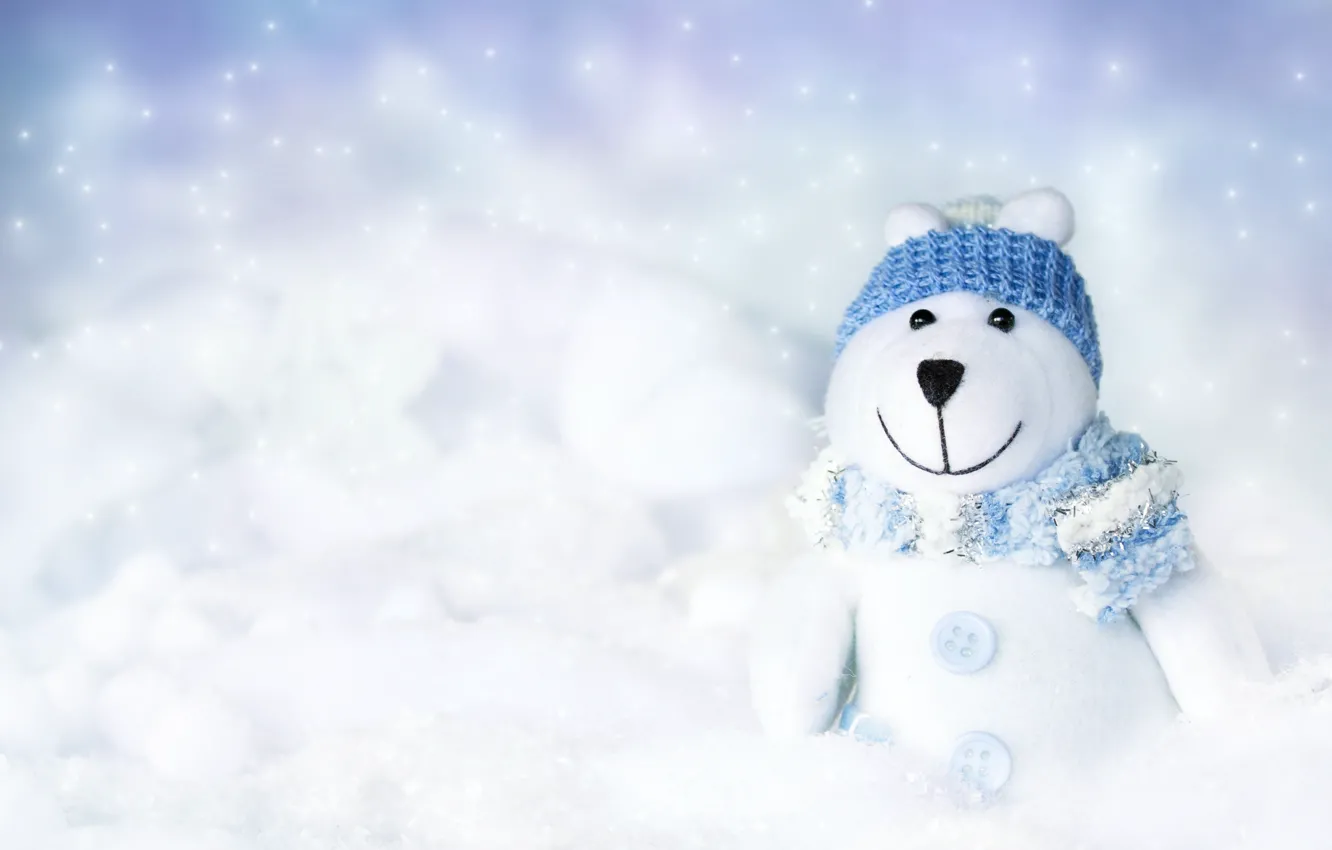 Photo wallpaper winter, toy, buttons, scarf, cap