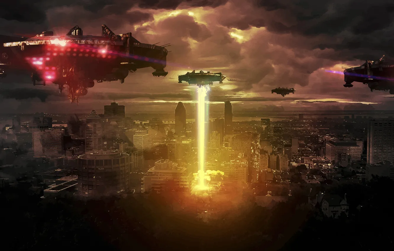 Photo wallpaper city, lights, sky, aircraft, art, city lights, clouds, spaceship