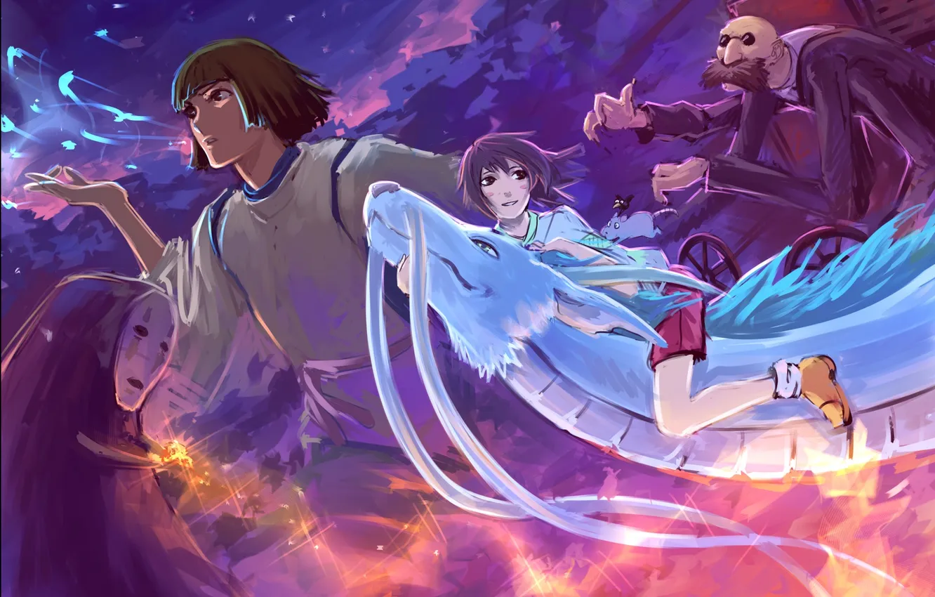 Photo wallpaper the sky, clouds, dragon, anime, boy, art, girl, grandpa